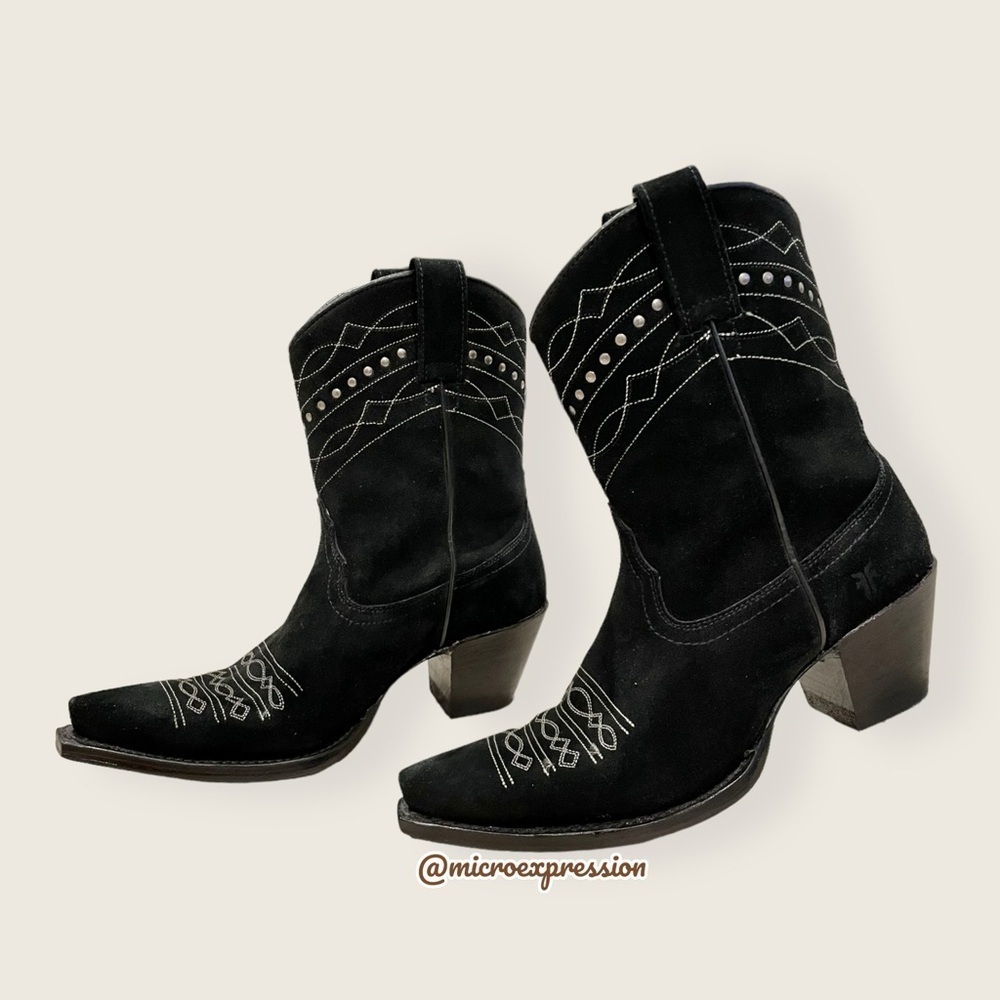 1980 Frye VINTAGE Black Suede Leather Embroidered Boho PullOn Heeled Cowboy Boot - Picture 5 of 14